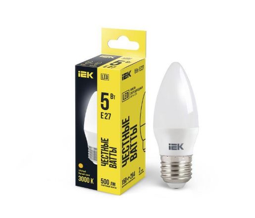 Изображение Лампа светодиодная ECO C35 5Вт свеча 3000К тепл. бел. E27 450лм 230-240В IEK LLE-C35-5-230-30-E27