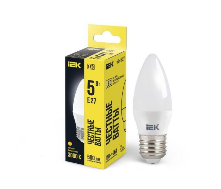 Изображение Лампа светодиодная ECO C35 5Вт свеча 3000К тепл. бел. E27 450лм 230-240В IEK LLE-C35-5-230-30-E27
