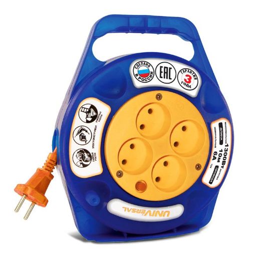 Изображение Удлинитель в закрыт. корпусе 4х10м без заземл. 6А IP20 У6-015 ПВС 2х0.75 термозащита защ. шторки UNIVersal 9633900