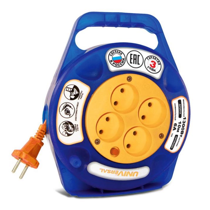 Изображение Удлинитель в закрыт. корпусе 4х10м без заземл. 6А IP20 У6-015 ПВС 2х0.75 термозащита защ. шторки UNIVersal 9633900