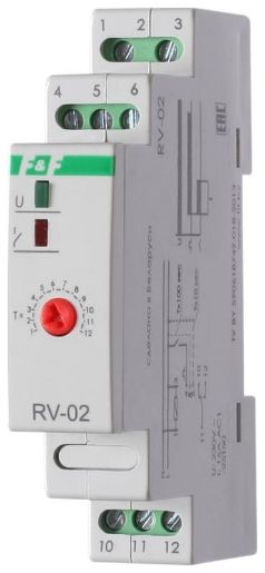Изображение Реле времени RV-02 16А 1..120с 230В 1 перекл. IP20 задержка выключ. монтаж на DIN-рейке F&F EA02.001.008