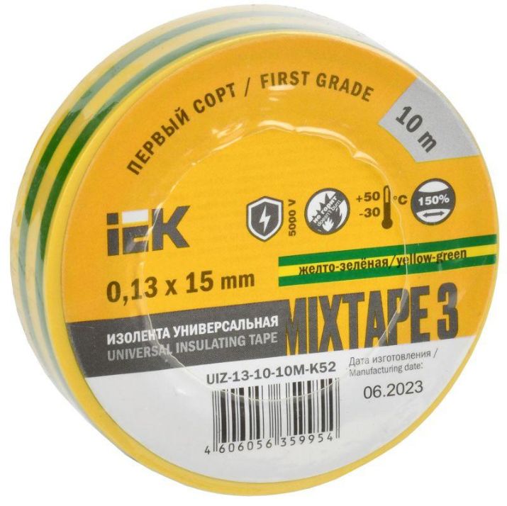 Изображение Изолента ПВХ 0.13х15мм (рул.10м) желт./зел. IEK UIZ-13-10-10M-K52