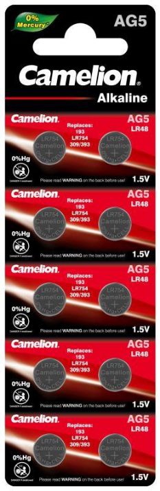 Изображение Элемент питания алкалиновый "таблетка" LR754/393A/193/G 5 Mercury Free AG5-BP0%Hg для часов BL-10 (блист.10шт) Camelion 12813