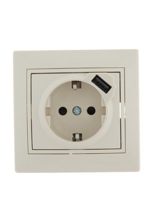 Изображение Розетка 1-м СП Mira 16А с заземл. + USB разъем крем. LEZARD 701-0303-181