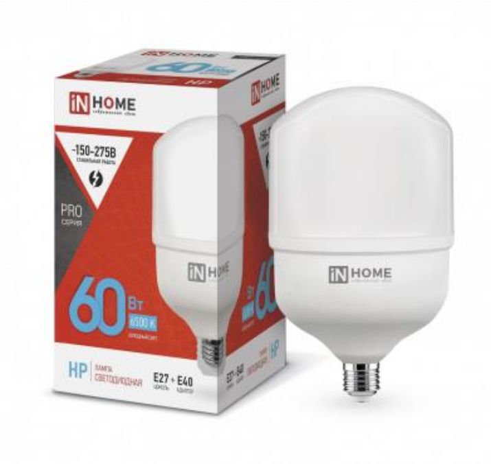 Изображение Лампа светодиодная LED-HP-PRO 60Вт трубчатая 6500К холод. бел. E27 5700лм 230В с адаптером E40 IN HOME 4690612031132