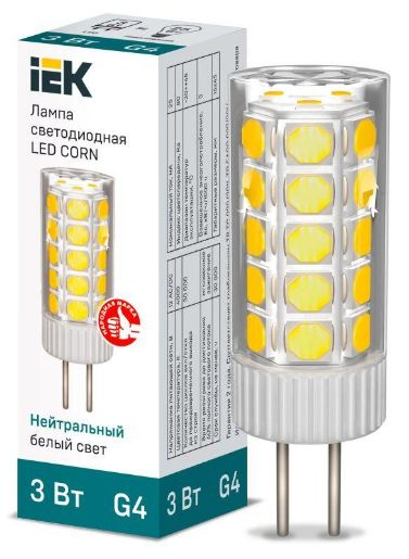 Изображение Лампа светодиодная Corn 3Вт капсульная 4000К нейтр. бел. G4 12В керамика IEK LLE-Corn-3-012-40-G4