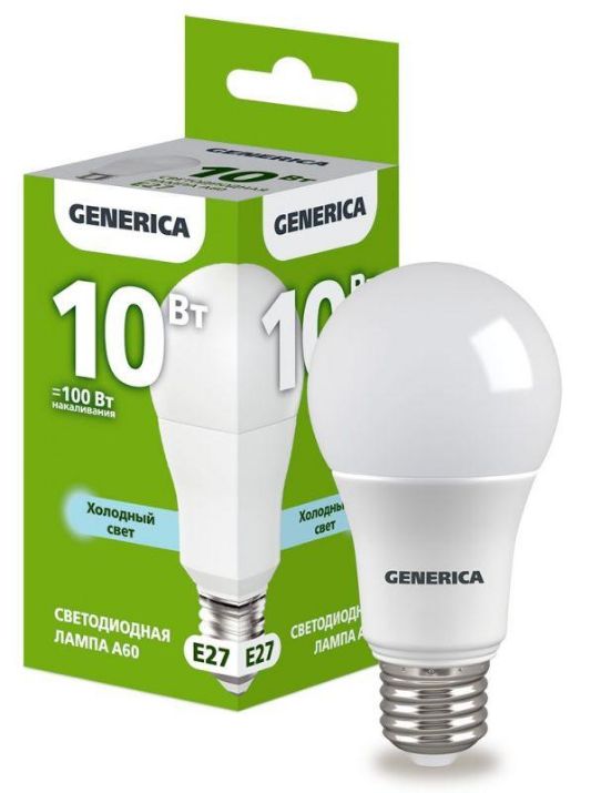 Изображение Лампа светодиодная A60 10Вт грушевидная 6500К E27 230В GENERICA LL-A60-10-230-65-E27-G