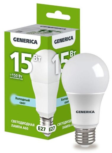 Изображение Лампа светодиодная A60 15Вт грушевидная 6500К E27 230В GENERICA LL-A60-15-230-65-E27-G