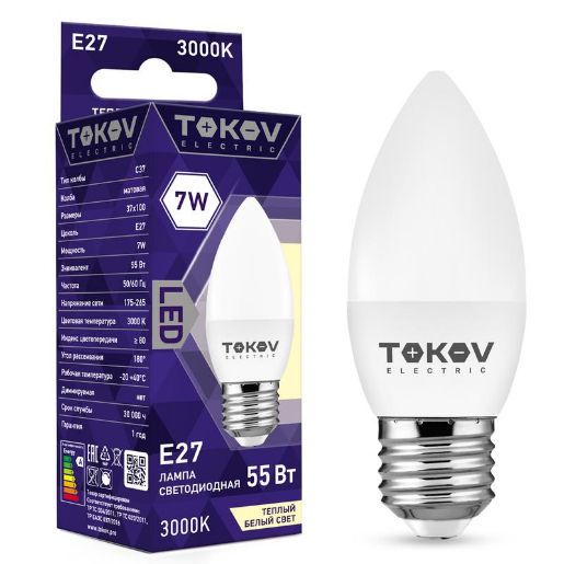 Изображение Лампа светодиодная 7Вт С37 3000К Е27 176-264В TOKOV ELECTRIC TKE-C37-E27-7-3K