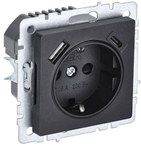 Изображение Розетка BRITE РЮш11-1-БрЧ 16А с USB A+C 18Вт с заземл. защ. шторки черн. IEK BR-R14-16-U22-018-K02