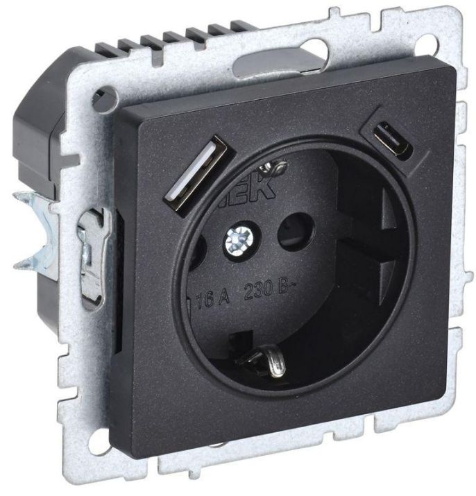 Изображение Розетка BRITE РЮш11-1-БрЧ 16А с USB A+C 18Вт с заземл. защ. шторки черн. IEK BR-R14-16-U22-018-K02
