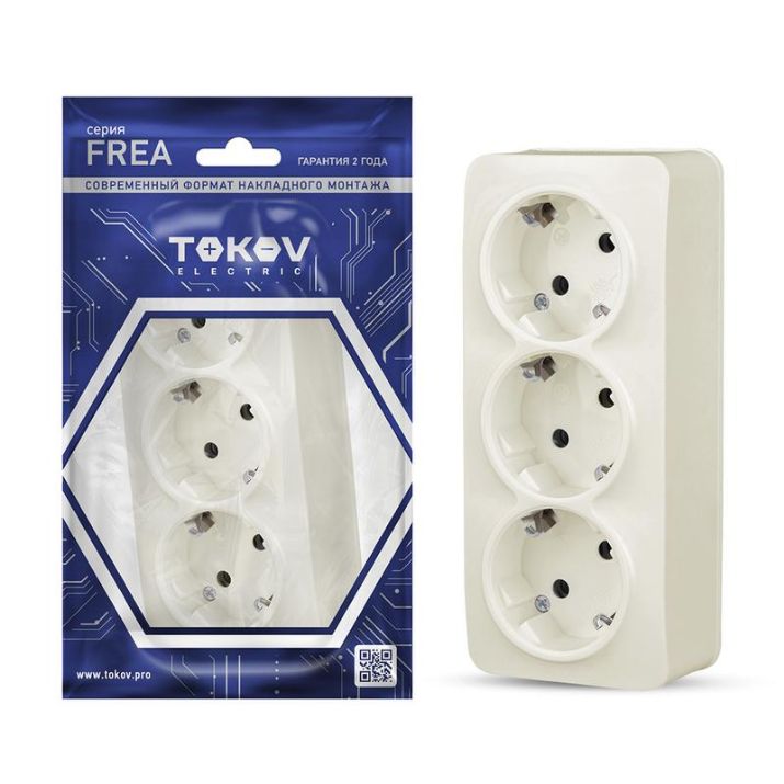 Изображение Розетка 3-м ОП Frea 16А IP20 250В с заземл. АБС-пластик беж. TOKOV ELECTRIC TKE-FR-R3Z-C02