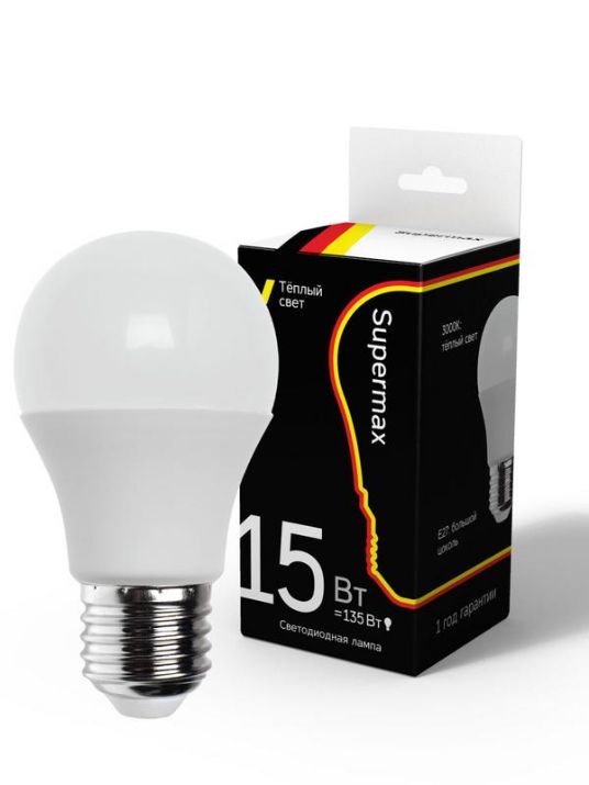 Изображение Лампа светодиодная Supermax А60 15Вт стандарт E27 230В 3000К КОСМОС Sup_LED15wA60E2730