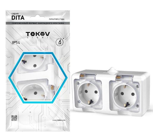 Изображение Розетка 2-м ОП Dita 16А IP54 250В с заземл. с прозр. крышкой бел.TOKOV ELECTRIC TKL-DT-R2Z-C01T-IP54