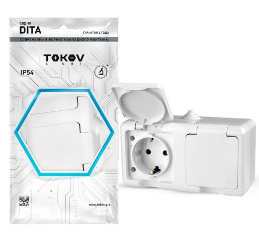 Изображение Розетка 2-м ОП Dita 16А IP54 250В с заземл. с крышкой бел. TOKOV ELECTRIC TKL-DT-R2Z-C01-IP54