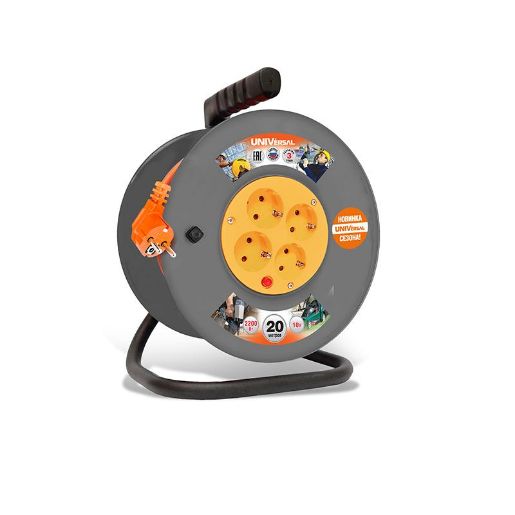 Изображение Удлинитель на катушке 4х20м с заземл. 6А IP44 ВЕМ-250 ПВС 3х0.75 термозащита защ. шторки UNIVersal 1679