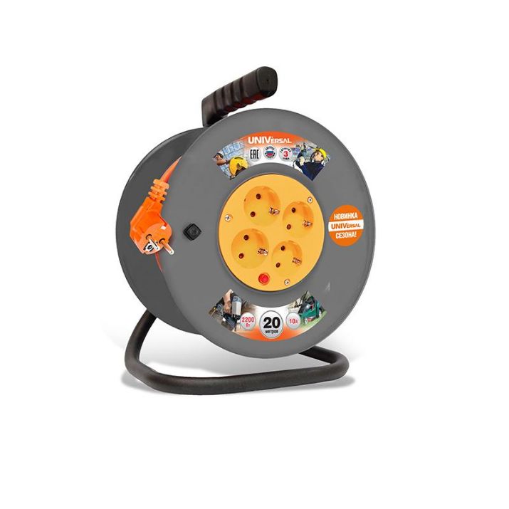 Изображение Удлинитель на катушке 4х20м с заземл. 6А IP44 ВЕМ-250 ПВС 3х0.75 термозащита защ. шторки UNIVersal 1679