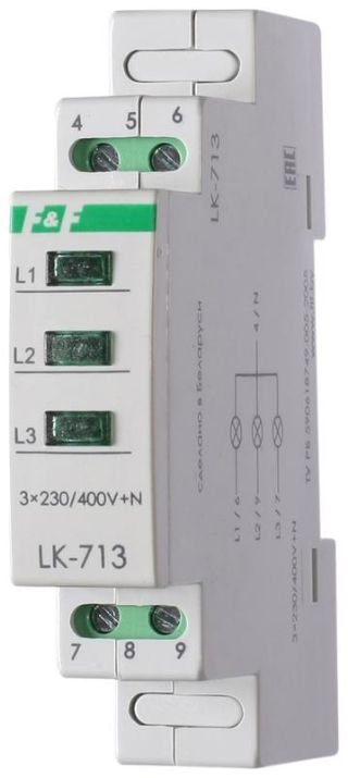 Изображение Указатель напряжения LK-713 3 зел. светодиода (сигнализация наличия 3ф 35мм 3х400/230+N IP20 монтаж на DIN-рейке) F&F EA04.007.002