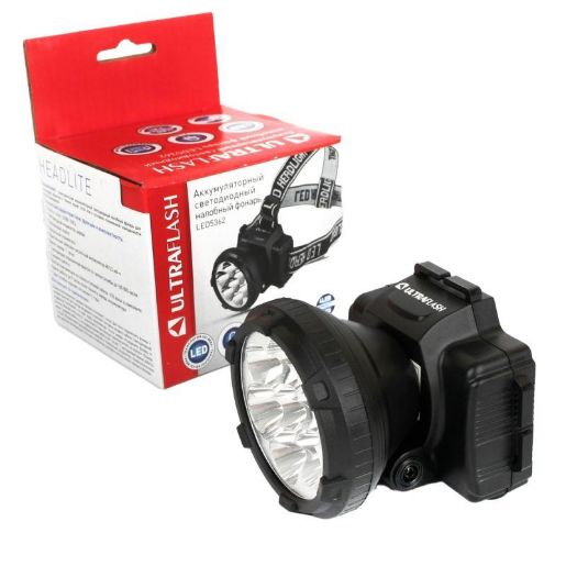 Изображение Фонарь аккумуляторный налобный LED5362 7LED 2 режима 220В пластик. черн. (бокс) Ultraflash 11256