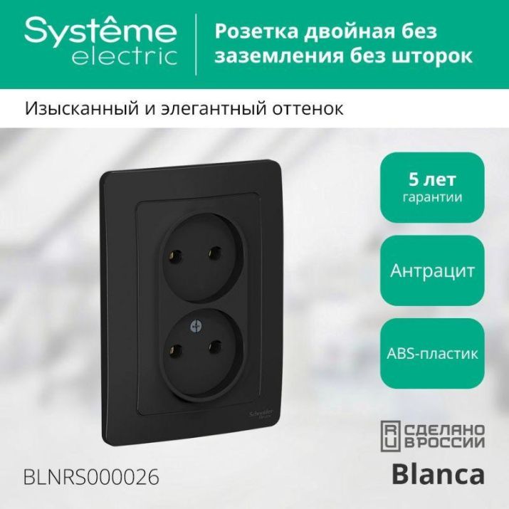 Изображение Розетка 2-м СП Blanca 16А IP20 250В без заземл. без защ. шторок антрацит SE BLNRS000026