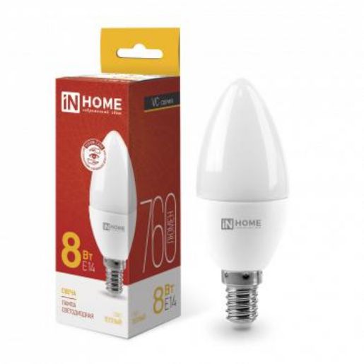 Изображение Лампа светодиодная LED-СВЕЧА-VC 8Вт свеча 3000К тепл. бел. E14 760лм 230В IN HOME 4690612020426
