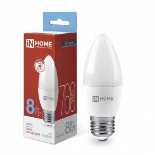 Изображение Лампа светодиодная LED-СВЕЧА-VC 8Вт свеча 6500К холод. бел. E27 760лм 230В IN HOME 4690612024820