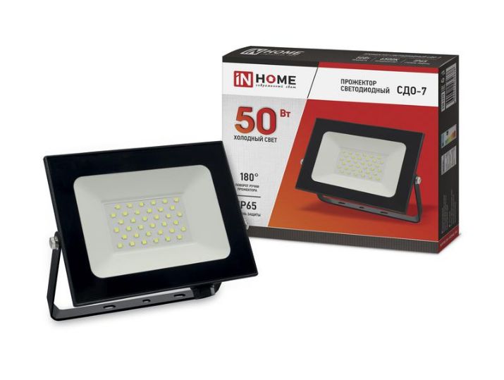 Изображение Прожектор светодиодный СДО-7 50Вт 6500К IP65 4500лм 230В черн. IN HOME 4690612034638