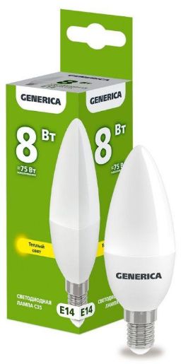Изображение Лампа светодиодная C35 8Вт свеча 3000К E14 230В GENERICA LL-C35-08-230-30-E14-G