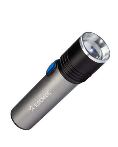 Изображение Фонарь аккумуляторный ручной LED 3Вт линза зум аккум. Li-ion 18650 1.2А.ч USB-шнур анодир. алюм. КОСМОС KOS111Lit