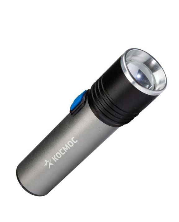 Изображение Фонарь аккумуляторный ручной LED 3Вт линза зум аккум. Li-ion 18650 1.2А.ч USB-шнур анодир. алюм. КОСМОС KOS111Lit