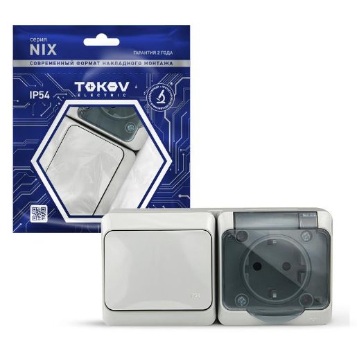 Изображение Блок ОП Nix (розетка 16А 250В с заземл. + 1-кл. выкл. 10А) IP54 сер. TOKOV ELECTRIC TKE-NX-V1RZ-C06T-IP54