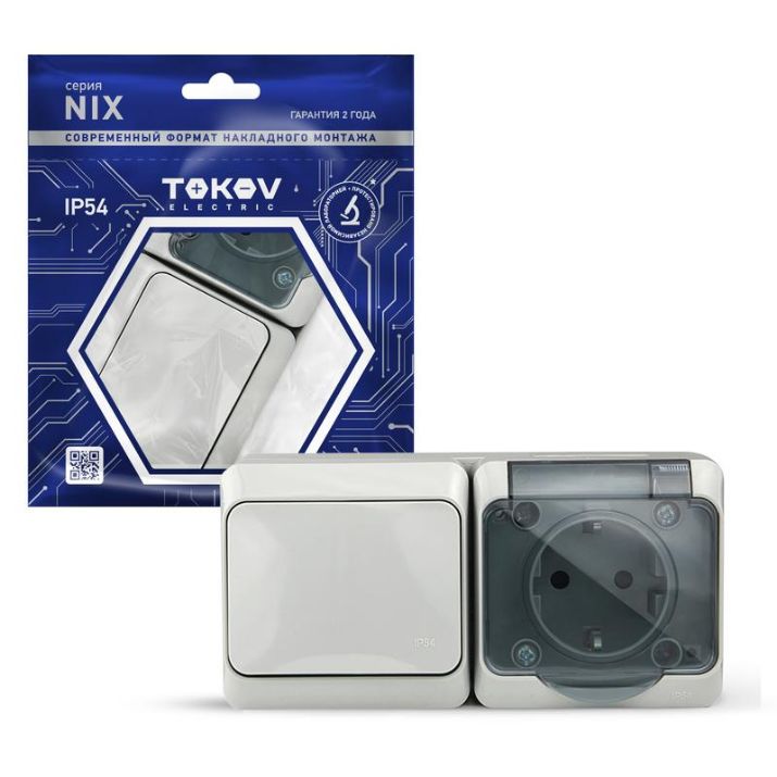 Изображение Блок ОП Nix (розетка 16А 250В с заземл. + 1-кл. выкл. 10А) IP54 сер. TOKOV ELECTRIC TKE-NX-V1RZ-C06T-IP54