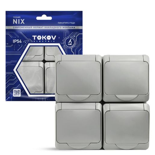 Изображение Розетка 4-м ОП Nix 16А IP54 250В с заземл. с крышкой сер. TOKOV ELECTRIC TKE-NX-R4Z-C06-IP54