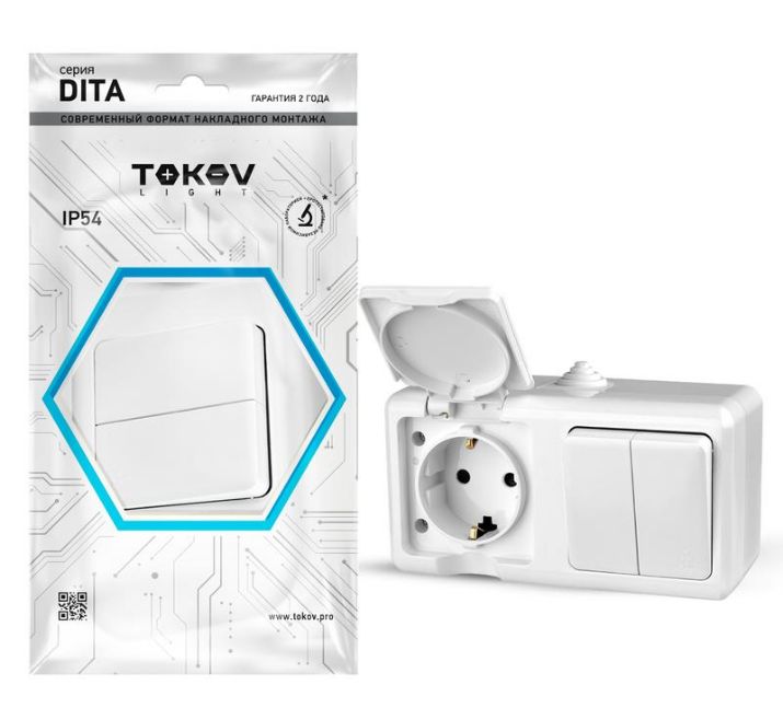 Изображение Блок ОП Dita (розетка 16А 250В с заземл. 2-кл. выкл. 10А) IP54 бел. TOKOV ELECTRIC TKL-DT-V2RZ-C01-IP54