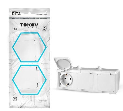 Изображение Розетка 3-м ОП Dita 16А IP54 250В с заземл. с крышкой бел. TOKOV ELECTRIC TKL-DT-R3Z-C01-IP54