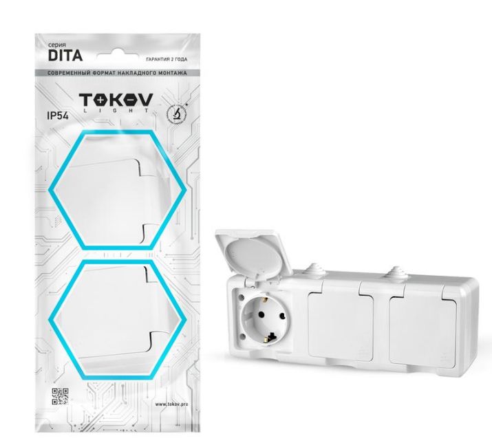 Изображение Розетка 3-м ОП Dita 16А IP54 250В с заземл. с крышкой бел. TOKOV ELECTRIC TKL-DT-R3Z-C01-IP54
