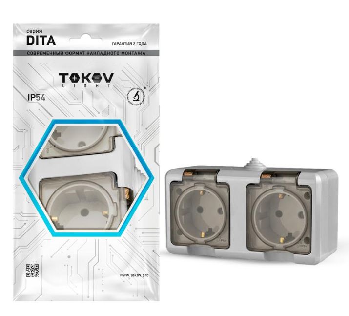 Изображение Розетка 2-м ОП Dita 16А IP54 250В с заземл. с прозр. крышкой сер.TOKOV ELECTRIC TKL-DT-R2Z-C06T-IP54