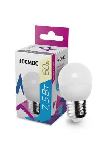 Изображение Лампа светодиодная 7.5Вт шар 3000К тепл. бел. E27 220В КОСМОС LkecLED7.5wGL45E2730