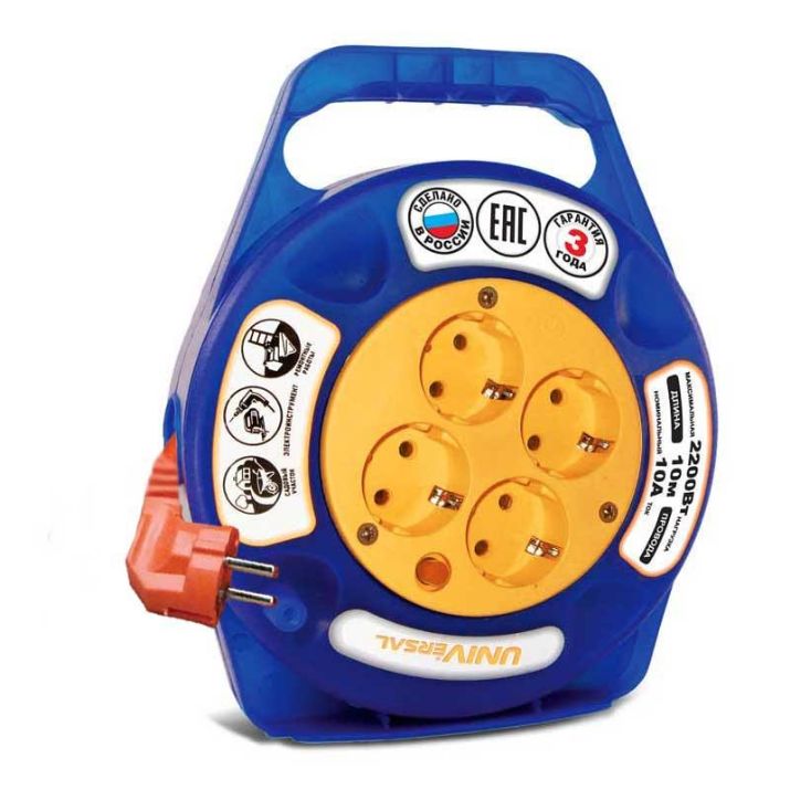 Изображение Удлинитель в закрыт. корпусе 4х10м с заземл. 6А IP20 У10-015 ПВС 3х0.75 термозащита защ. шторки UNIVersal 1671