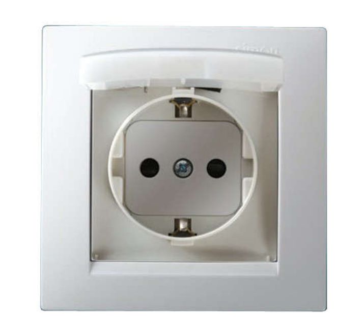 Изображение Розетка 1-м СП Simon15 16А IP44 250В с заземл. Schuko защ. шторки с крышкой винт. клеммы бел. Simon 1590450-030