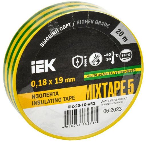 Изображение Изолента ПВХ 0.18х19мм желт./зел. (рул.20м) IEK UIZ-20-10-K52