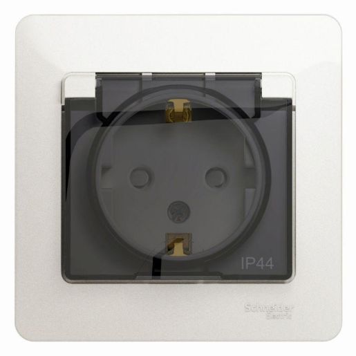 Изображение Розетка 1-м СП Glossa 16А IP44 с заземл. защ. шторки с крышкой в сборе перламутр. SE GSL000648
