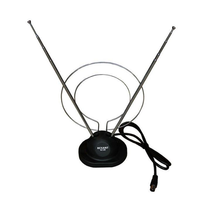 Изображение Антенна ТВ комнатная RX-100 телескопич. на подставке с кольцом VHF; UHF 47-860MHz REXANT 34-0100