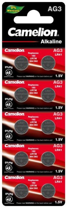 Изображение Элемент питания алкалиновый "таблетка" LR41/392A/192/G 3 Mercury Free AG3-BP0%Hg для часов BL-10 (блист.10шт) Camelion 12811