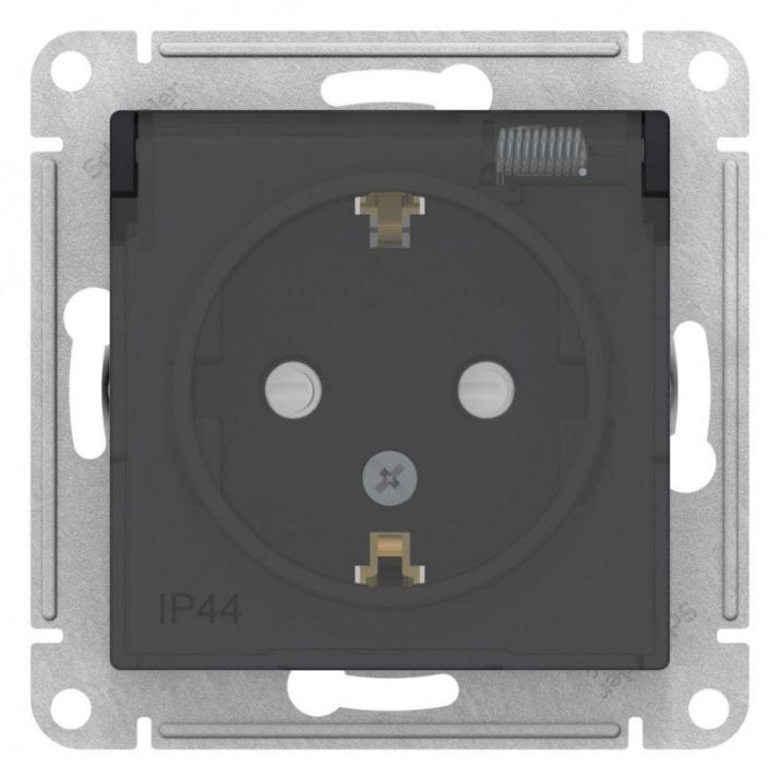 Изображение Розетка 1-м СП AtlasDesign Aqua 16А IP44 с заземл. защ. шторки с прозр. крышкой механизм карбон SE ATN441046