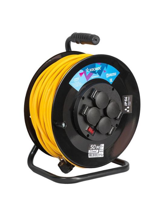 Изображение Удлинитель на катушке 4х50м с заземл. 16А IP44 3.5кВт ПВС 3х2.5 с терморазмыкателем КОСМОС YKKsm50m-4g-Z(2.5)IP