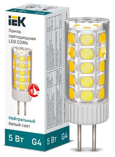 Изображение Лампа светодиодная Corn 5Вт капсульная 4000К нейтр. бел. G4 12В керамика IEK LLE-Corn-5-012-40-G4