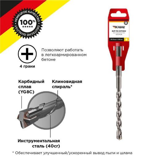 Изображение Бур по бетону 10х160мм крестовая пластина SDS PLUS Kranz KR-91-0809