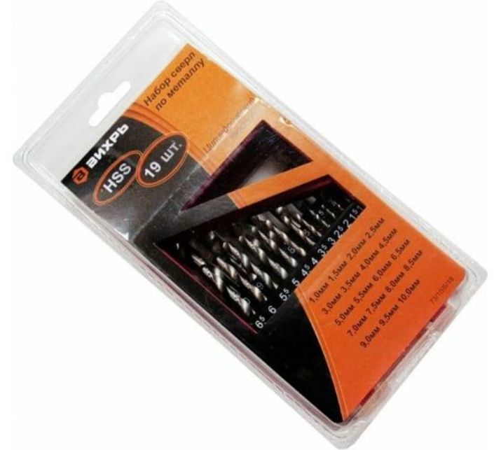 Изображение Набор сверл по металлу 1-10мм (через 0 5мм) HSS металл.коробка цилиндрический хвостовик (уп.19шт) Вихрь 73/10/6/18
