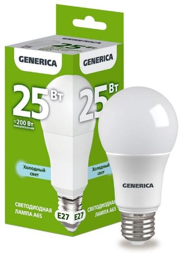 Изображение Лампа светодиодная A65 25Вт грушевидная 6500К E27 230В GENERICA LL-A65-25-230-65-E27-G